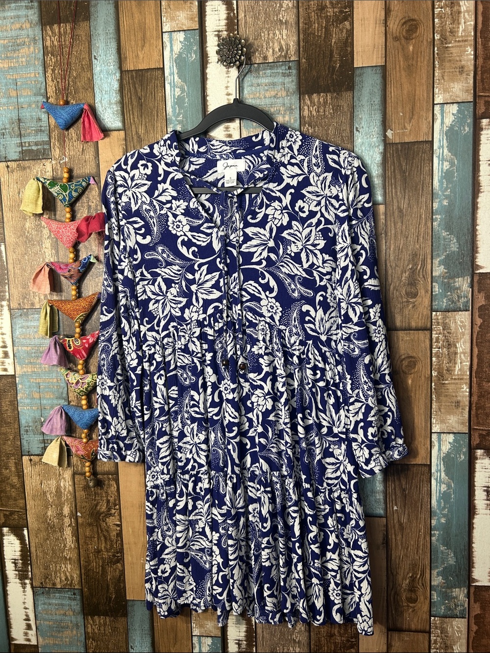 Japna Navy & White Floral Tiered Button-Front Long Sleeve Dress